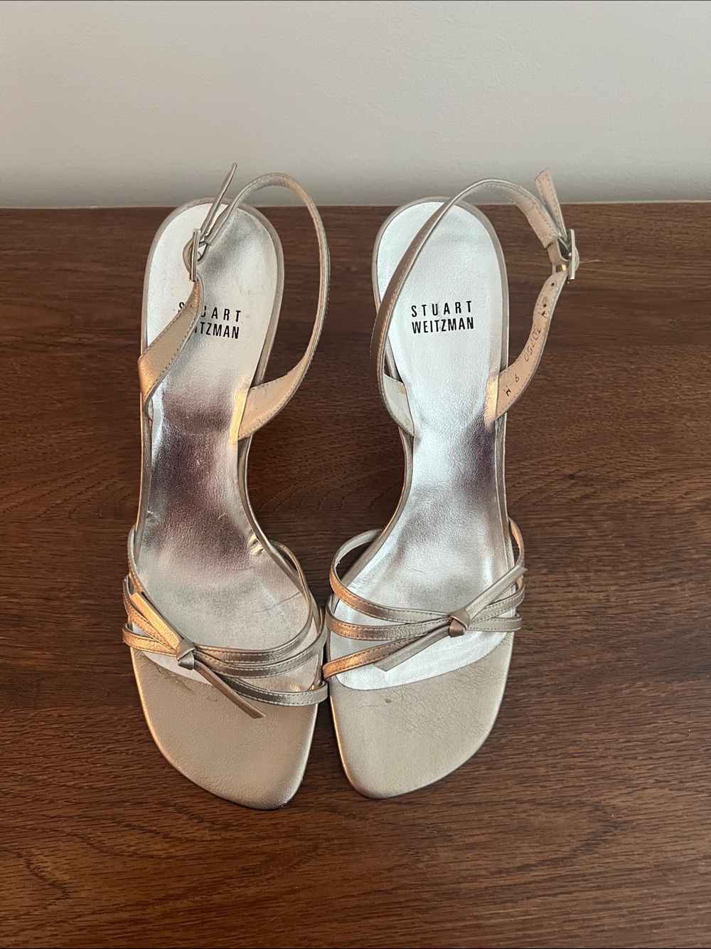 Stuart Weitzman Shimmery Silver Knot-Front Slingback Heels